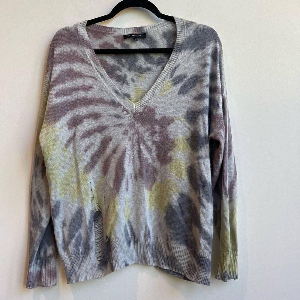 Olivaceous Wool Blend V Neck Purple/Grey Tie Dye Long Sleeve Sweater - M
